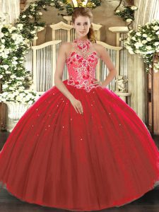 Red Sleeveless Floor Length Embroidery Lace Up Ball Gown Prom Dress