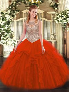Red Lace Up 15th Birthday Dress Beading and Ruffles Sleeveless Floor Length