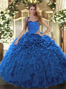 Glittering Blue Organza Lace Up Halter Top Sleeveless Floor Length Sweet 16 Quinceanera Dress Ruffles