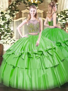 Scoop Sleeveless Organza and Taffeta Ball Gown Prom Dress Beading and Ruffled Layers Lace Up