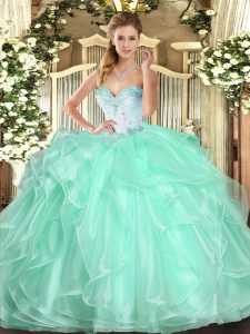 Luxury Apple Green Sleeveless Floor Length Beading and Ruffles Lace Up Quince Ball Gowns