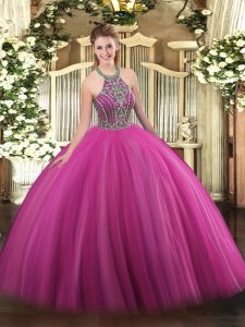 Most Popular Hot Pink Tulle Lace Up Sweet 16 Quinceanera Dress Sleeveless Floor Length Beading