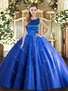 Adorable Floor Length Lace Up Quinceanera Gown Blue for Military Ball and Sweet 16 and Quinceanera with Appliques