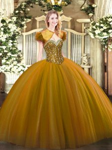 Noble Brown Ball Gowns Tulle Sweetheart Sleeveless Beading Floor Length Lace Up Vestidos de Quinceanera