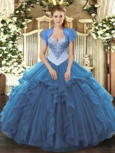 Sweetheart Sleeveless 15th Birthday Dress Floor Length Beading Blue Tulle