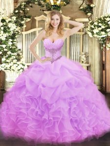 Floor Length Lace Up 15 Quinceanera Dress Lilac for Military Ball and Sweet 16 and Quinceanera with Beading and Ruffles and Pick Ups