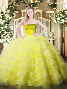 Great Ball Gowns Sweet 16 Quinceanera Dress Yellow Strapless Tulle Sleeveless Floor Length Zipper