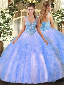 Fitting Sleeveless Tulle Floor Length Lace Up Quinceanera Dress in Light Blue with Beading and Ruffles