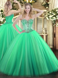 Cute Turquoise Tulle Lace Up Sweetheart Sleeveless Floor Length Quinceanera Gowns Beading