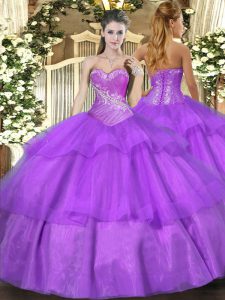 Lilac Sweet 16 Dress Military Ball and Sweet 16 and Quinceanera with Beading and Ruffled Layers Sweetheart Sleeveless Lace Up