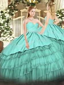 Floor Length Zipper Sweet 16 Quinceanera Dress Turquoise for Sweet 16 and Quinceanera with Beading and Lace and Embroidery and Ruffled Layers