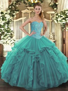 Custom Designed Sweetheart Sleeveless Tulle Quinceanera Dresses Beading and Ruffles Lace Up
