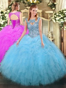 Aqua Blue Lace Up 15 Quinceanera Dress Beading and Ruffles Sleeveless Floor Length