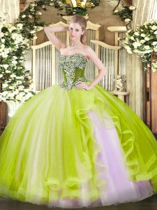 Best Selling Yellow Green Tulle Lace Up 15 Quinceanera Dress Sleeveless Floor Length Beading and Ruffles