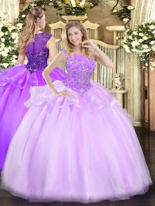 Lilac Ball Gowns Beading Party Dresses Zipper Organza Sleeveless Floor Length