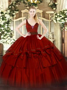Ball Gowns Quince Ball Gowns Wine Red Straps Organza Sleeveless Floor Length Zipper