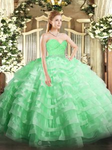 Sleeveless Floor Length Beading and Lace and Ruffled Layers Zipper Sweet 16 Quinceanera Dress with Apple Green