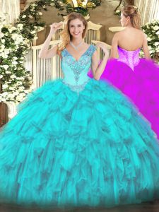Aqua Blue Vestidos de Quinceanera Military Ball and Sweet 16 and Quinceanera with Beading and Ruffles V-neck Sleeveless Lace Up