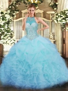Ball Gowns Quinceanera Gowns Aqua Blue Halter Top Organza Sleeveless Floor Length Lace Up
