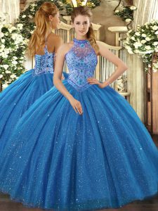 Custom Designed Blue Halter Top Lace Up Beading and Embroidery Quinceanera Gown Sleeveless