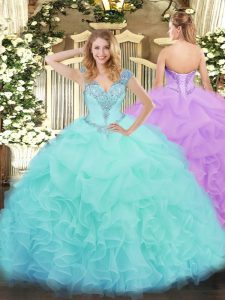 Latest Aqua Blue Ball Gowns Ruffles Quinceanera Dress Lace Up Organza Sleeveless Floor Length