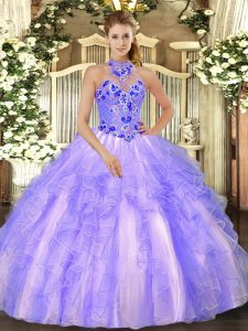 Latest Embroidery and Ruffles Quinceanera Gown Lavender Lace Up Sleeveless Floor Length