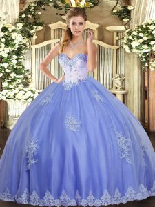 Blue Ball Gowns Sweetheart Sleeveless Tulle Floor Length Lace Up Beading and Appliques Party Dresses
