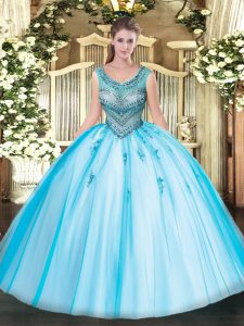 Baby Blue Sleeveless Tulle Lace Up Military Ball Gown for Sweet 16 and Quinceanera