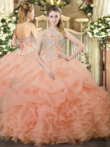 Sweetheart Sleeveless Lace Up Ball Gown Prom Dress Peach Organza