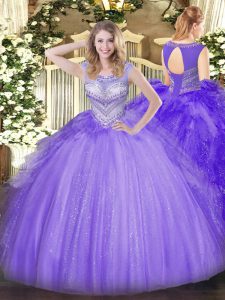 Deluxe Scoop Sleeveless Quinceanera Gown Floor Length Beading Lavender Tulle