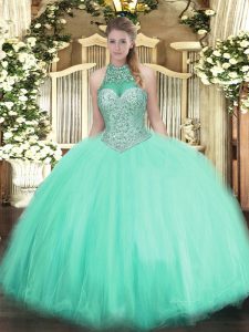 Classical Apple Green Tulle Lace Up Quince Ball Gowns Sleeveless Floor Length Beading