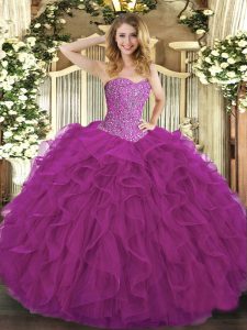 Delicate Fuchsia Sweetheart Lace Up Beading and Ruffles Quinceanera Gown Sleeveless