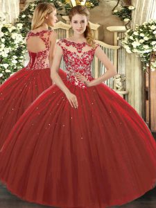 Designer Cap Sleeves Floor Length Beading and Appliques Lace Up Quinceanera Dress with Wine Red