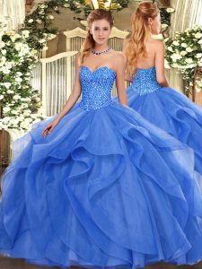 Blue Sweetheart Neckline Beading and Ruffles Quinceanera Dress Sleeveless Lace Up