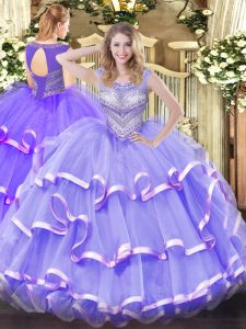 Customized Scoop Sleeveless Organza Sweet 16 Quinceanera Dress Beading and Ruffled Layers Lace Up