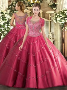 Nice Hot Pink Vestidos de Quinceanera Military Ball and Sweet 16 and Quinceanera with Beading and Appliques Scoop Sleeveless Clasp Handle