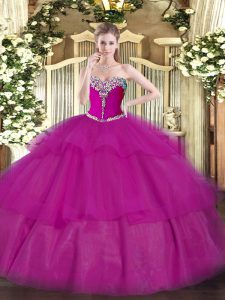 Suitable Sleeveless Floor Length Beading and Ruffled Layers Lace Up Military Ball Dresses For Women with Fuchsia
