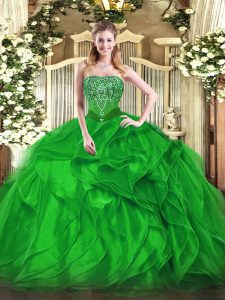 Fashion Green Organza Lace Up Quinceanera Dresses Sleeveless Floor Length Beading and Ruffles