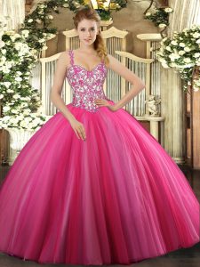 Best Selling Straps Sleeveless Quinceanera Dresses Floor Length Beading Hot Pink Tulle