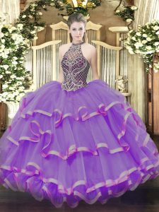 Eggplant Purple Halter Top Neckline Beading and Ruffles Quince Ball Gowns Sleeveless Lace Up