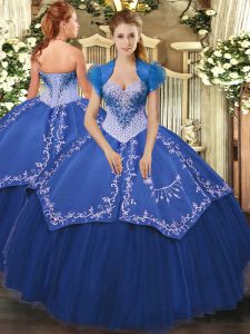 Satin and Tulle Sleeveless Floor Length Quinceanera Dress and Beading and Embroidery