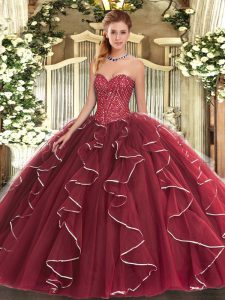 Best Beading and Ruffles Quinceanera Gown Burgundy Lace Up Sleeveless Floor Length