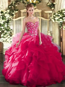 Hot Pink Organza and Printed Lace Up Sweetheart Sleeveless Floor Length Quinceanera Gowns Embroidery