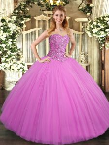 Exquisite Lilac Ball Gowns Beading Quinceanera Gown Lace Up Tulle Sleeveless Floor Length