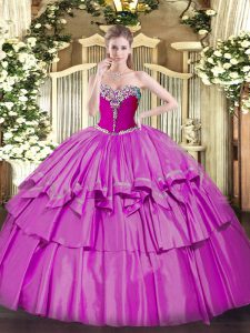Lilac Sleeveless Floor Length Beading and Ruffled Layers Lace Up Quinceanera Dress