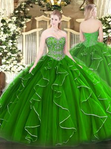 Green Sweetheart Lace Up Beading and Ruffles 15 Quinceanera Dress Sleeveless