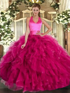 Shining Fuchsia Halter Top Neckline Ruffles Ball Gown Prom Dress Sleeveless Lace Up