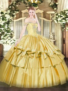Ball Gowns Sweet 16 Quinceanera Dress Gold Off The Shoulder Organza and Taffeta Sleeveless Floor Length Lace Up