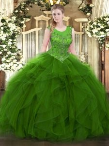 Sleeveless Floor Length Beading and Ruffles Zipper Sweet 16 Dresses with Green
