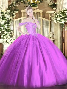 Off The Shoulder Sleeveless Lace Up Quince Ball Gowns Lilac Tulle